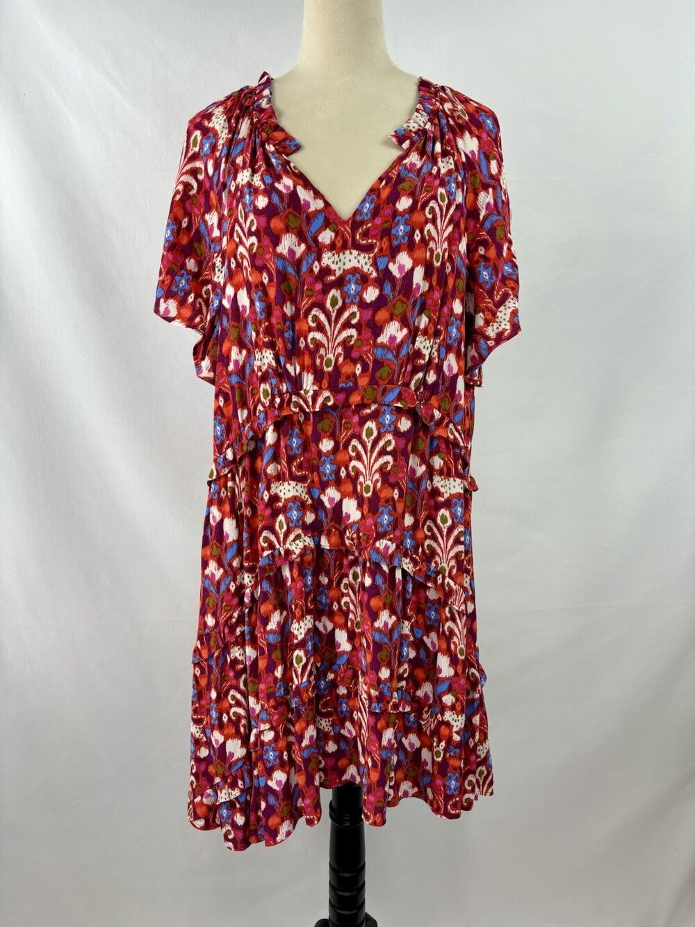 By Anthropologie Robin Tiered Dress Red Pink Print XL Short Sleeve
